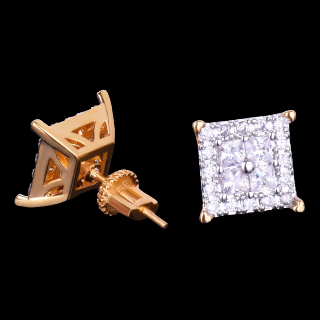 12MM Square Special Cut Shiny Screw Back Unisex Iced Out Earring