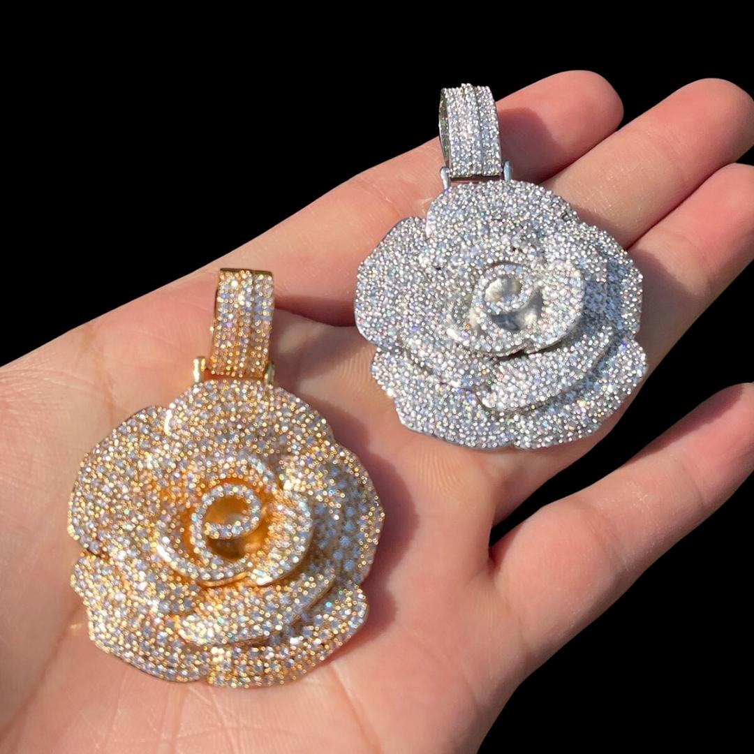 Rose Flower Iced Out Diamond Pendant