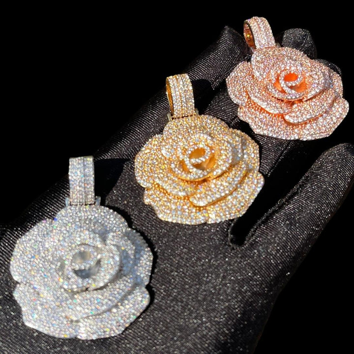 Rose Flower Iced Out Diamond Pendant Necklace