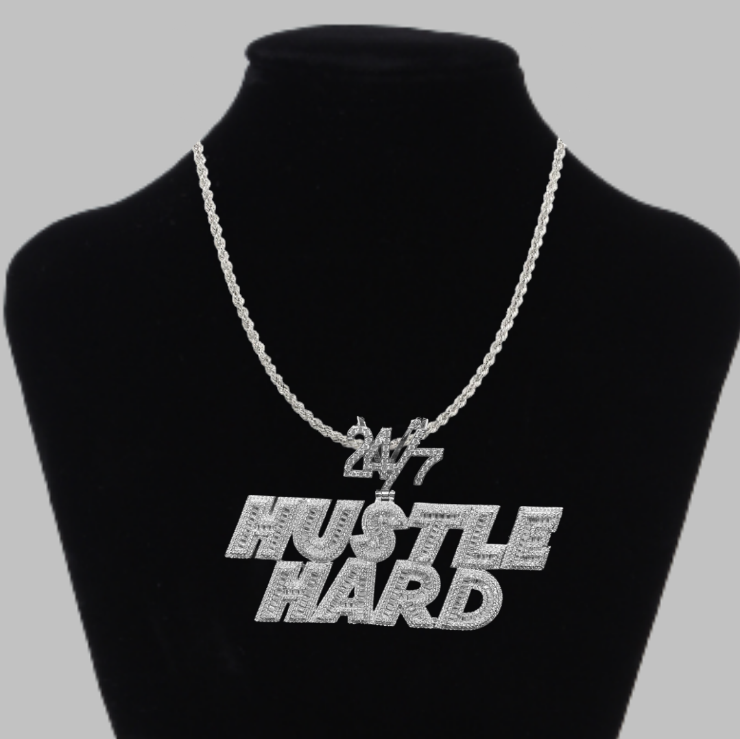 24/7 Hustle Hard Letter Iced Out Letter Diamond Pendant