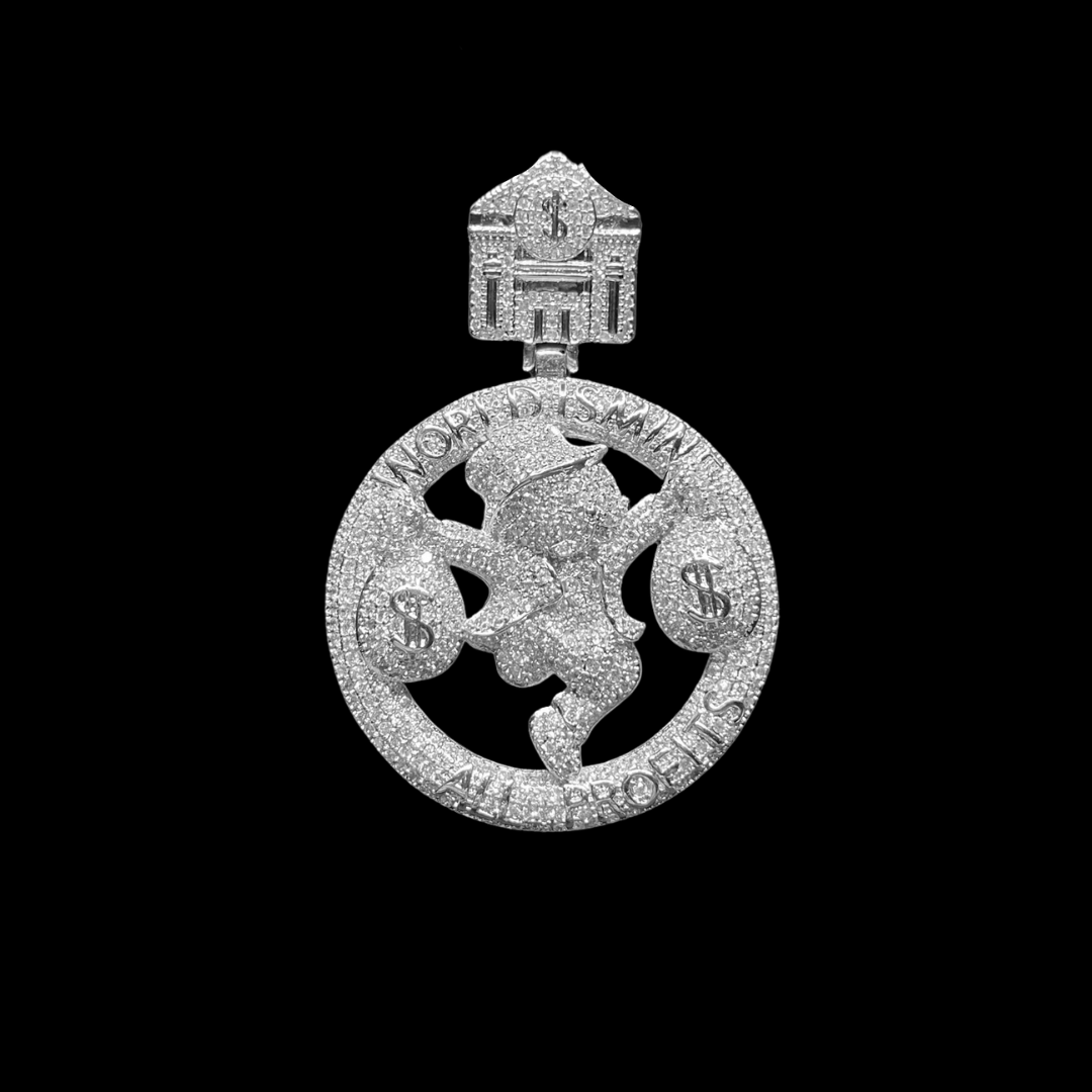 World is Mine All Profits Dollar Bag Iced Out Letter Diamond Pendant