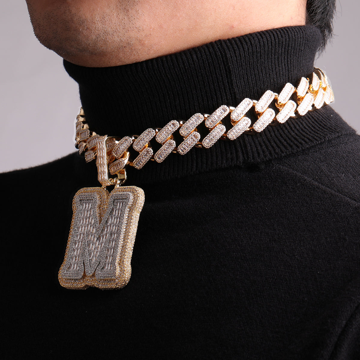 BIG Iced n Diamond Two Layers A~Z Single Baguette Initial Necklace Chain