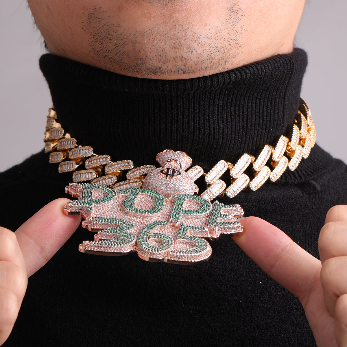 Money Bag Bail Two Tone Solid Base Iced Out Custom Name Letter Necklace