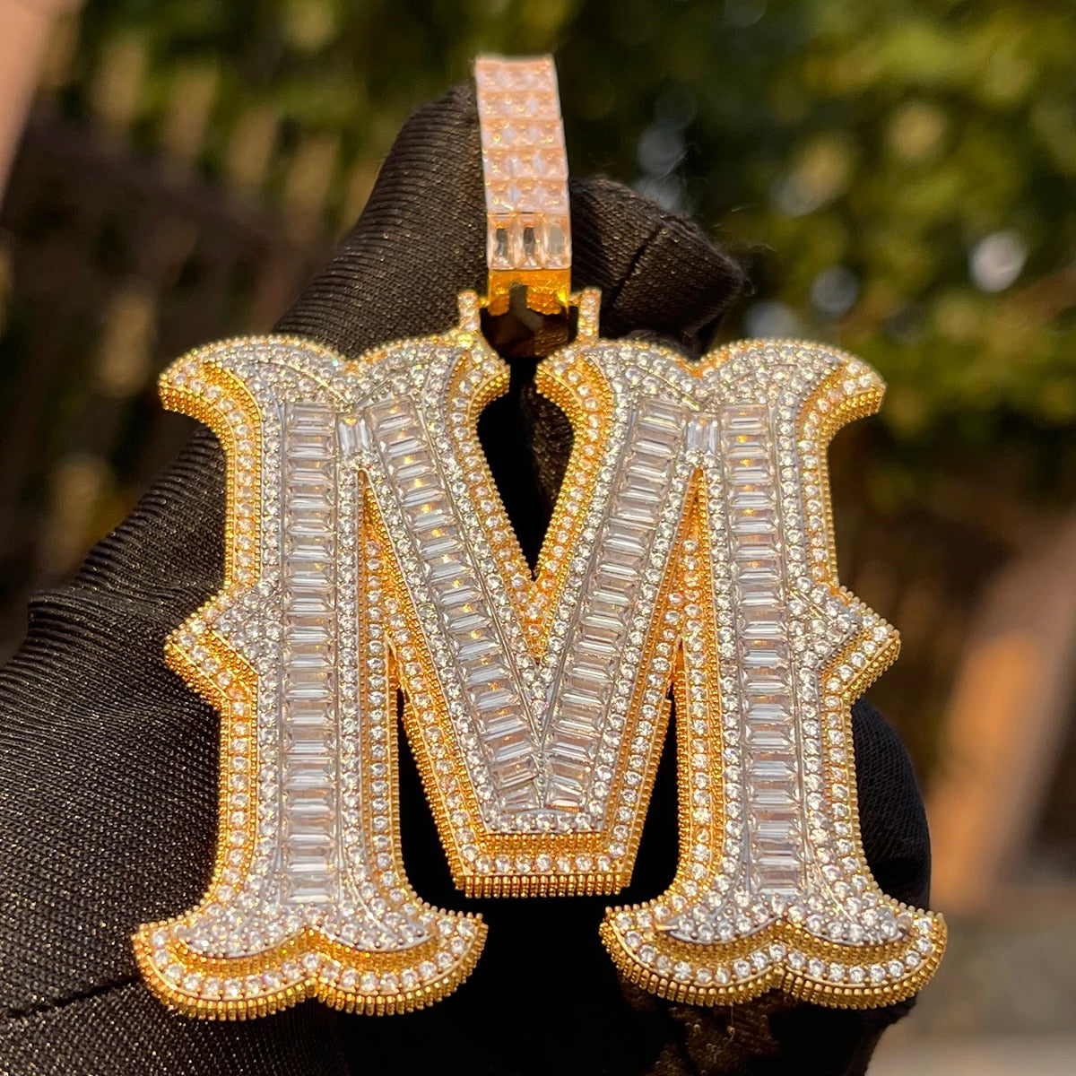 Sharp Cursive Baguette Detailed Prong Setting Initial Name Letter Pendant