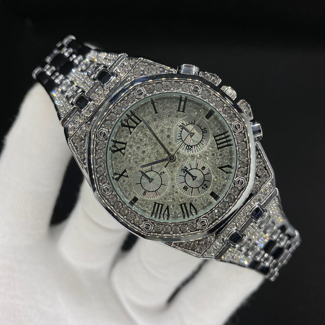 Chronograph Roman Numerals Iced Out Diamond Watch