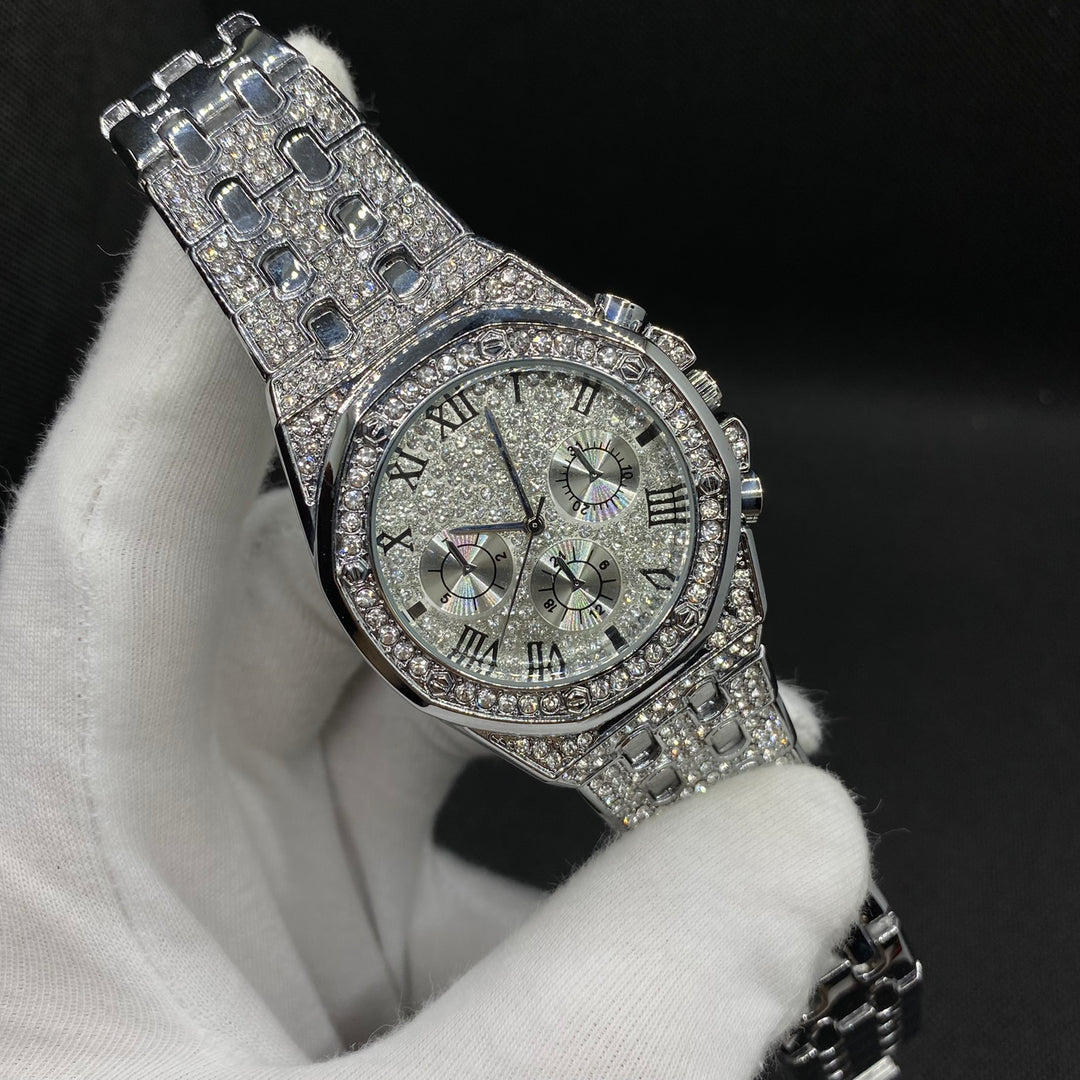 Chronograph Roman Numerals Iced Out Diamond Watch