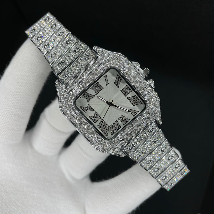 Square White Gold Dial VVS Numerals Iced Out Diamond Watch