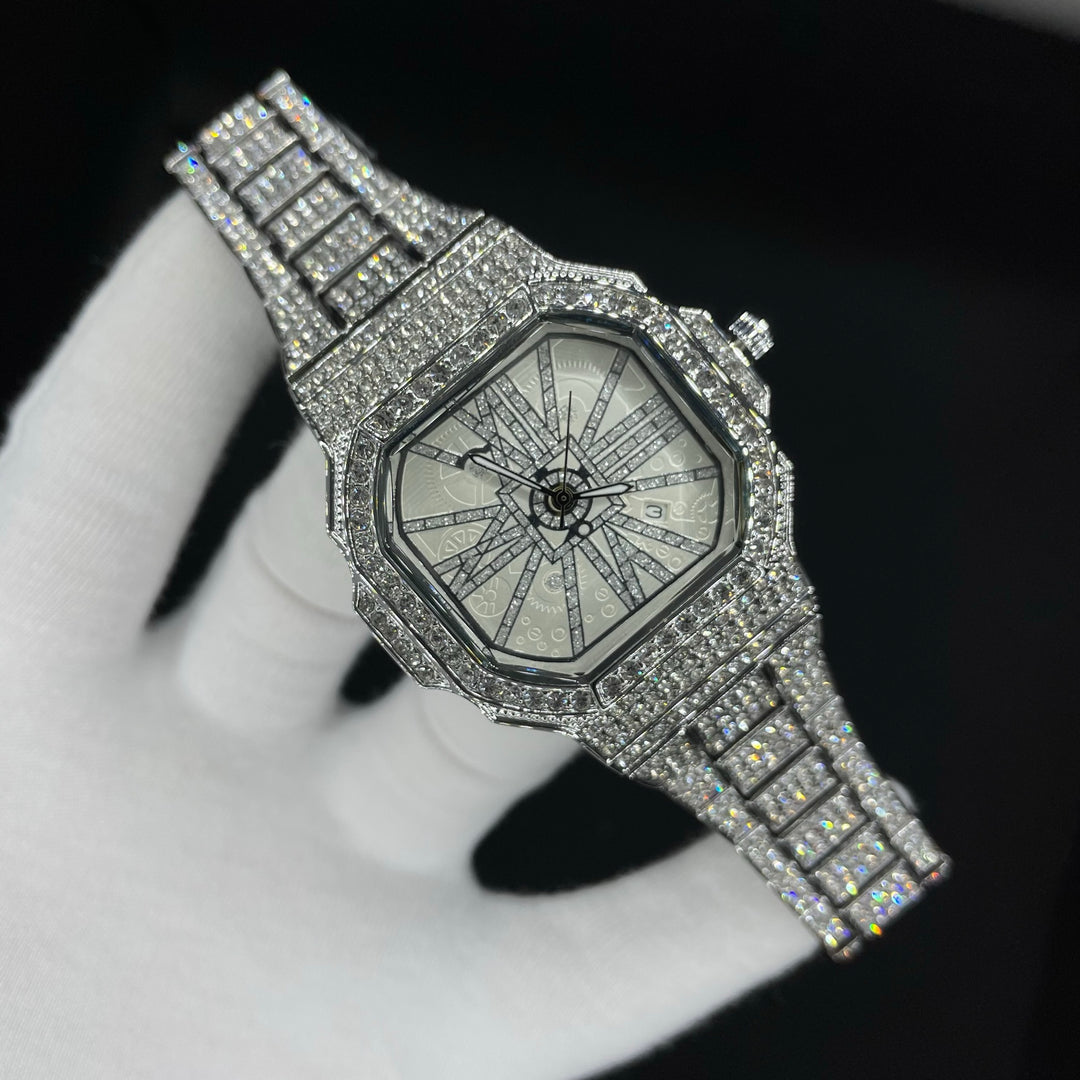 White Gold Stoned Numerals Iced Out Diamond Watch