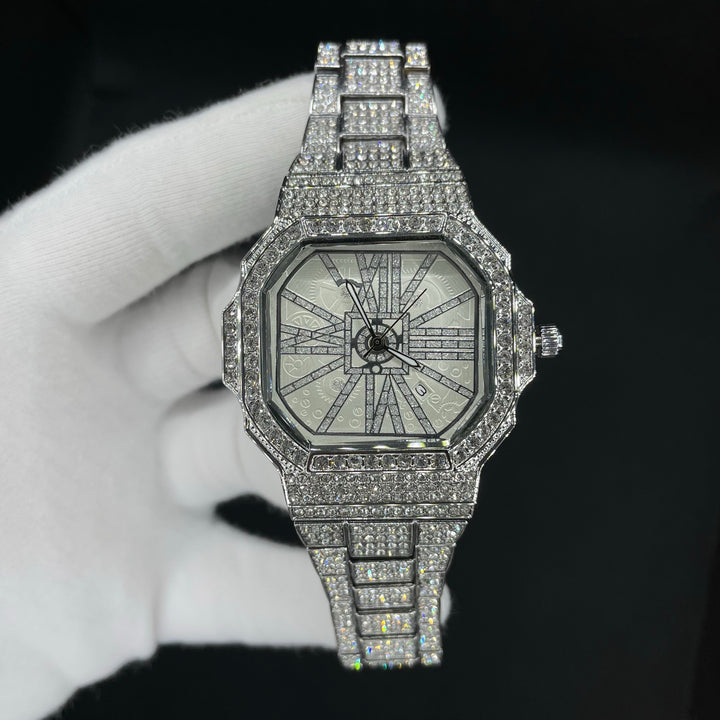 White Gold Stoned Numerals Iced Out Diamond Watch