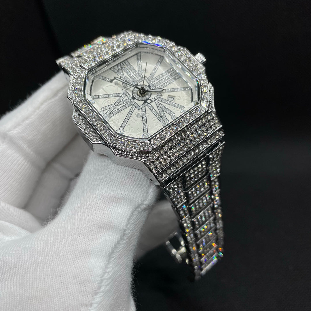 White Gold Stoned Numerals Iced Out Diamond Watch