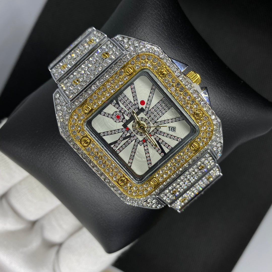 Square Special Red Dial Date Iced Out Diamond Watch