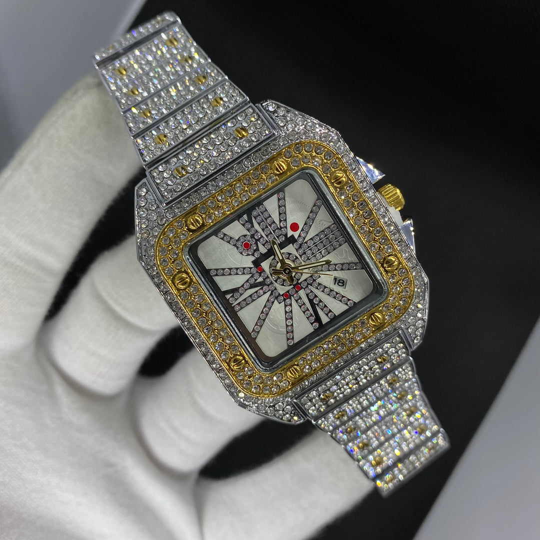Square Special Red Dial Date Iced Out Diamond Watch
