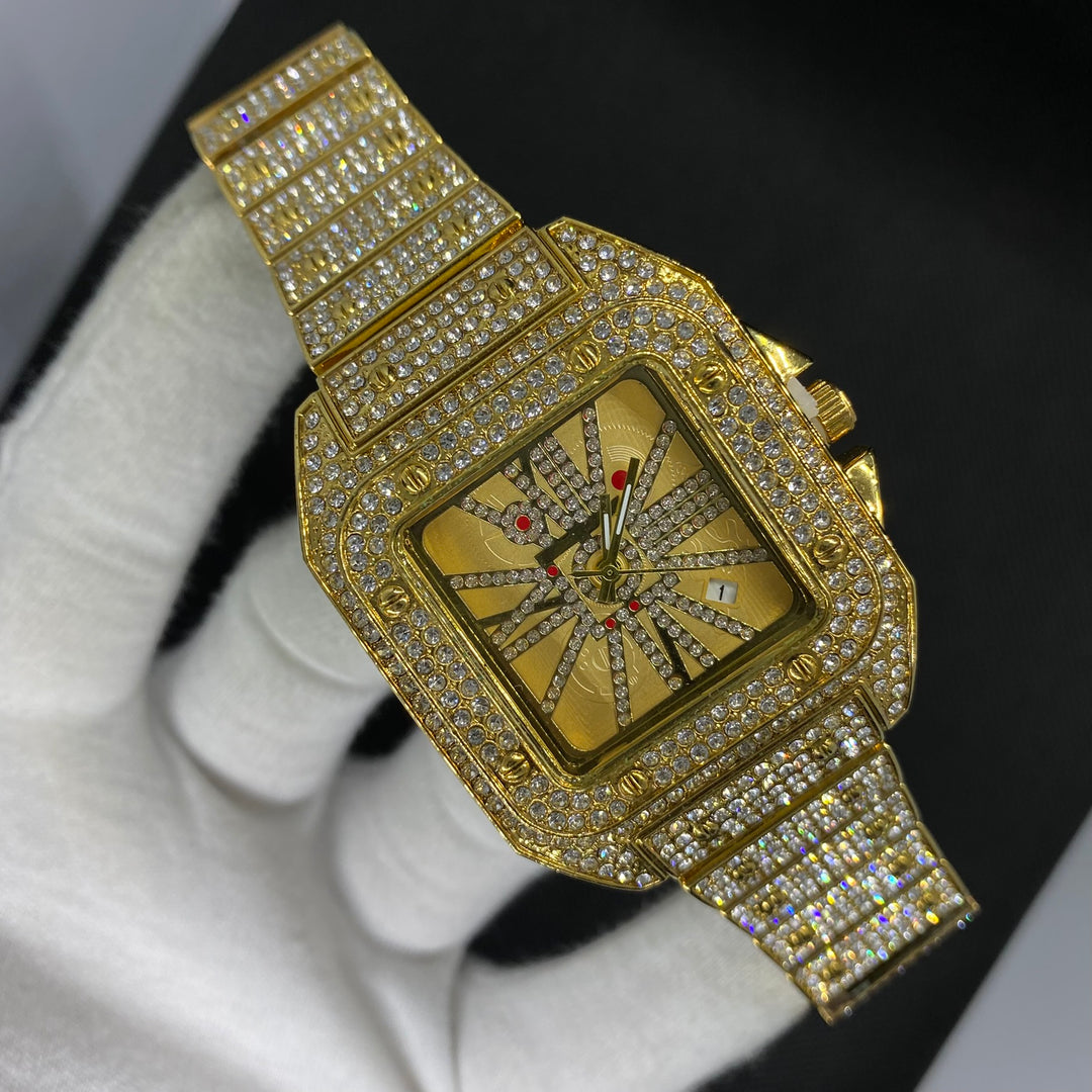 Square Special Red Dial Date Iced Out Diamond Watch