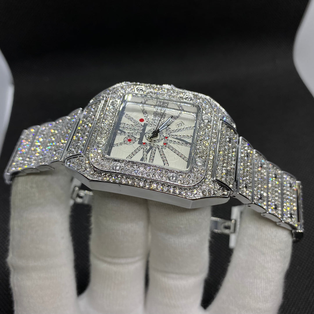 Square Special Red Dial Date Iced Out Diamond Watch