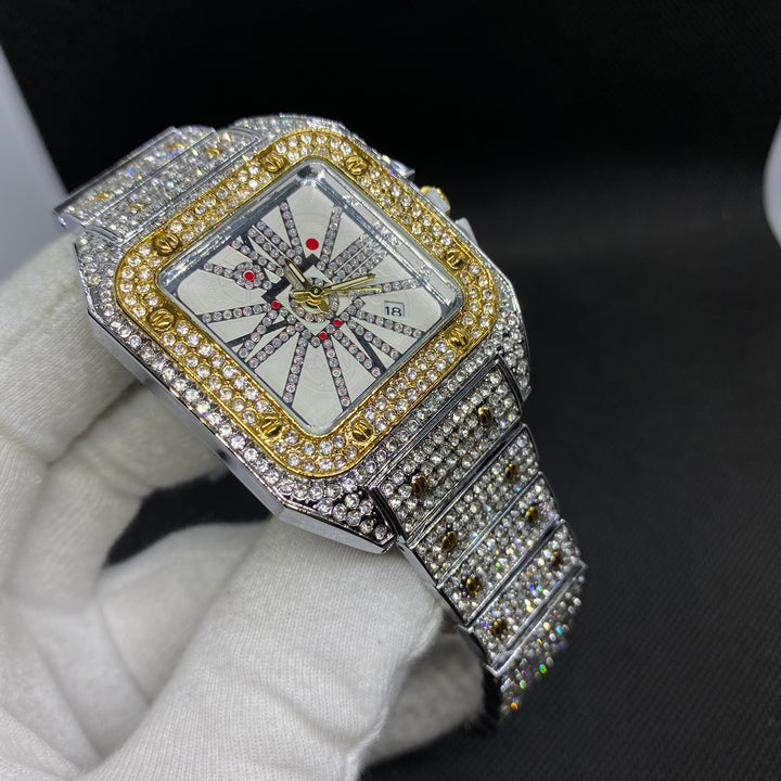 Square Special Red Dial Date Iced Out Diamond Watch