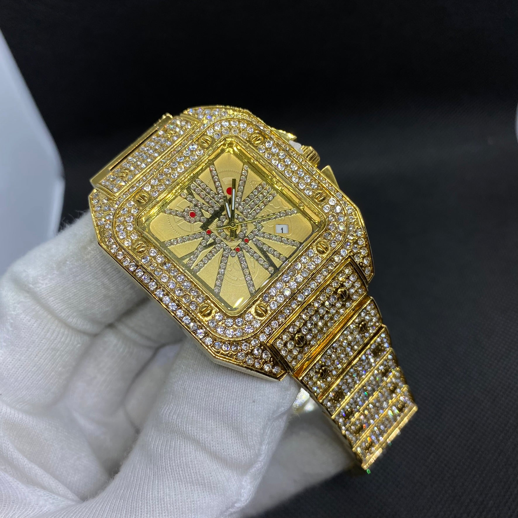 Square Special Red Dial Date Iced Out Diamond Watch