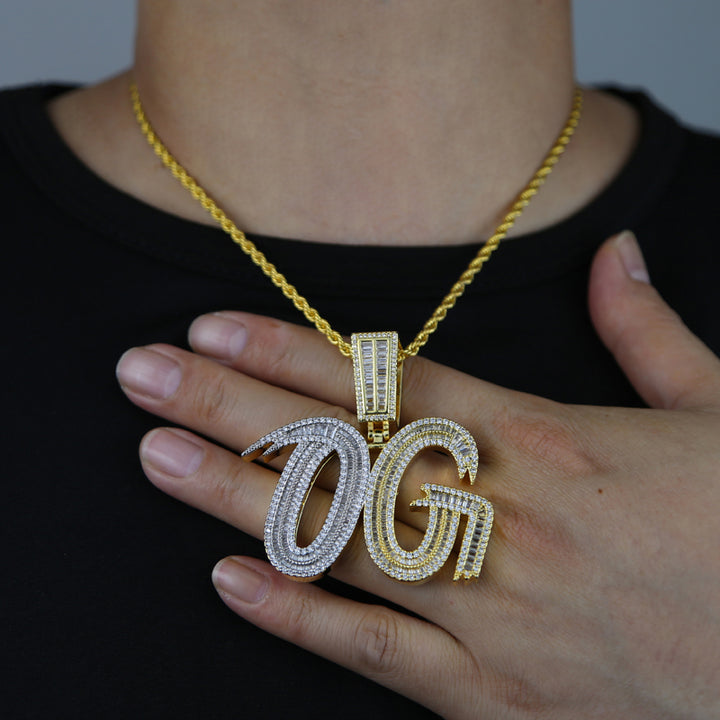 OG Baguette Duo Color Iced Out Letter Diamond Pendant Necklace