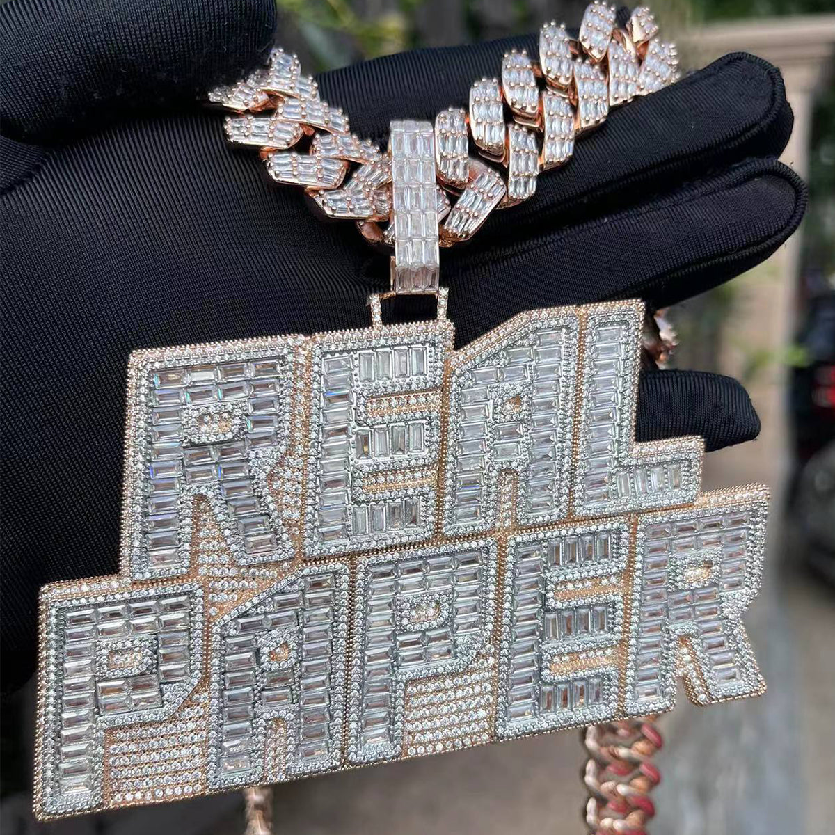 Rich Baguette n Diamond with Ultra Luxury Bail Two Tone Layers Customized Name Pendant