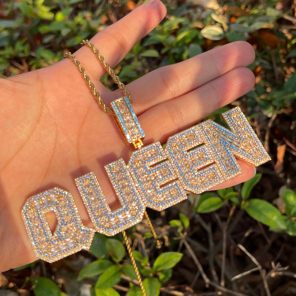 Special Blue Stones Detailed Popular Font Custom Name Necklace