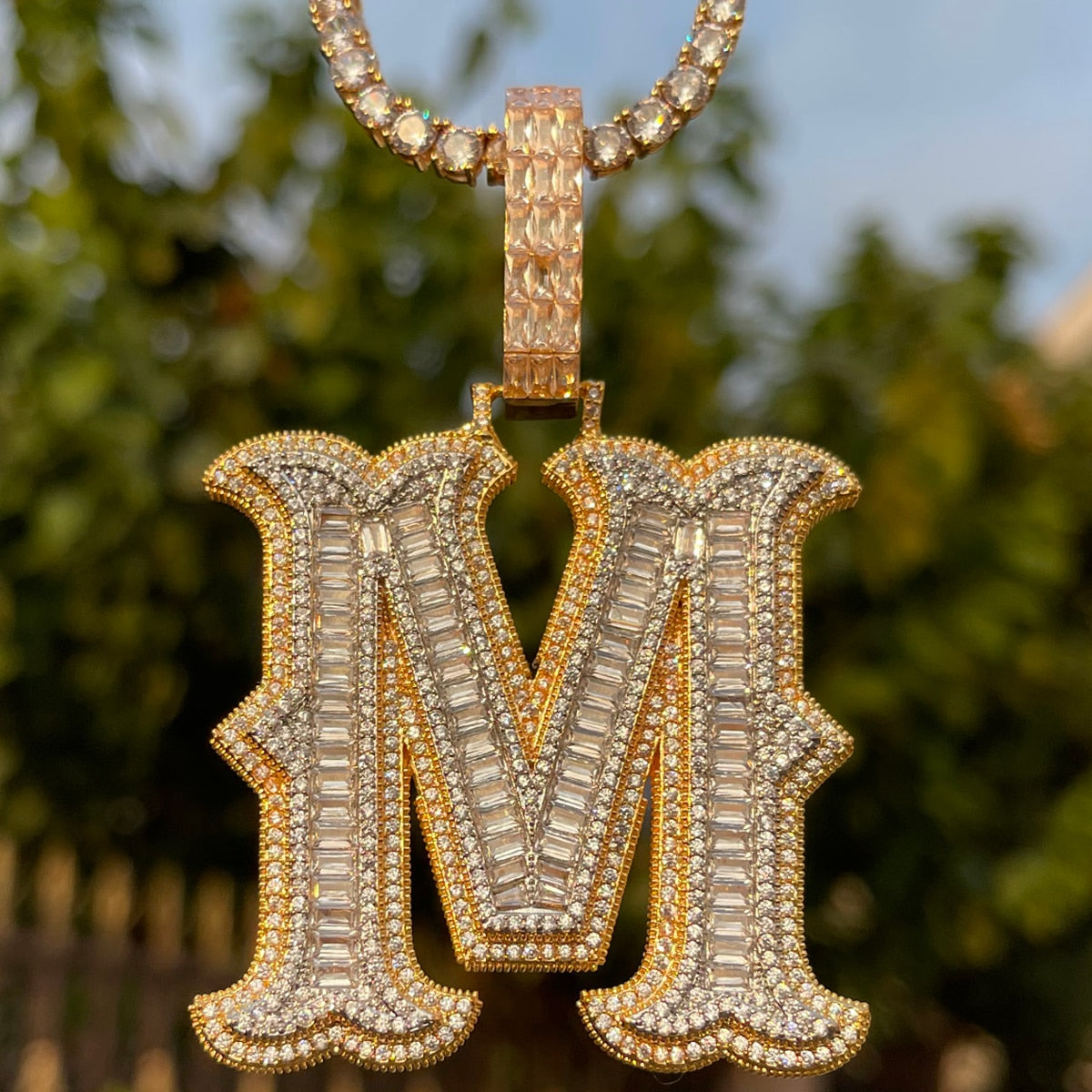 Sharp Cursive Baguette Detailed Prong Setting Initial Name Letter Pendant