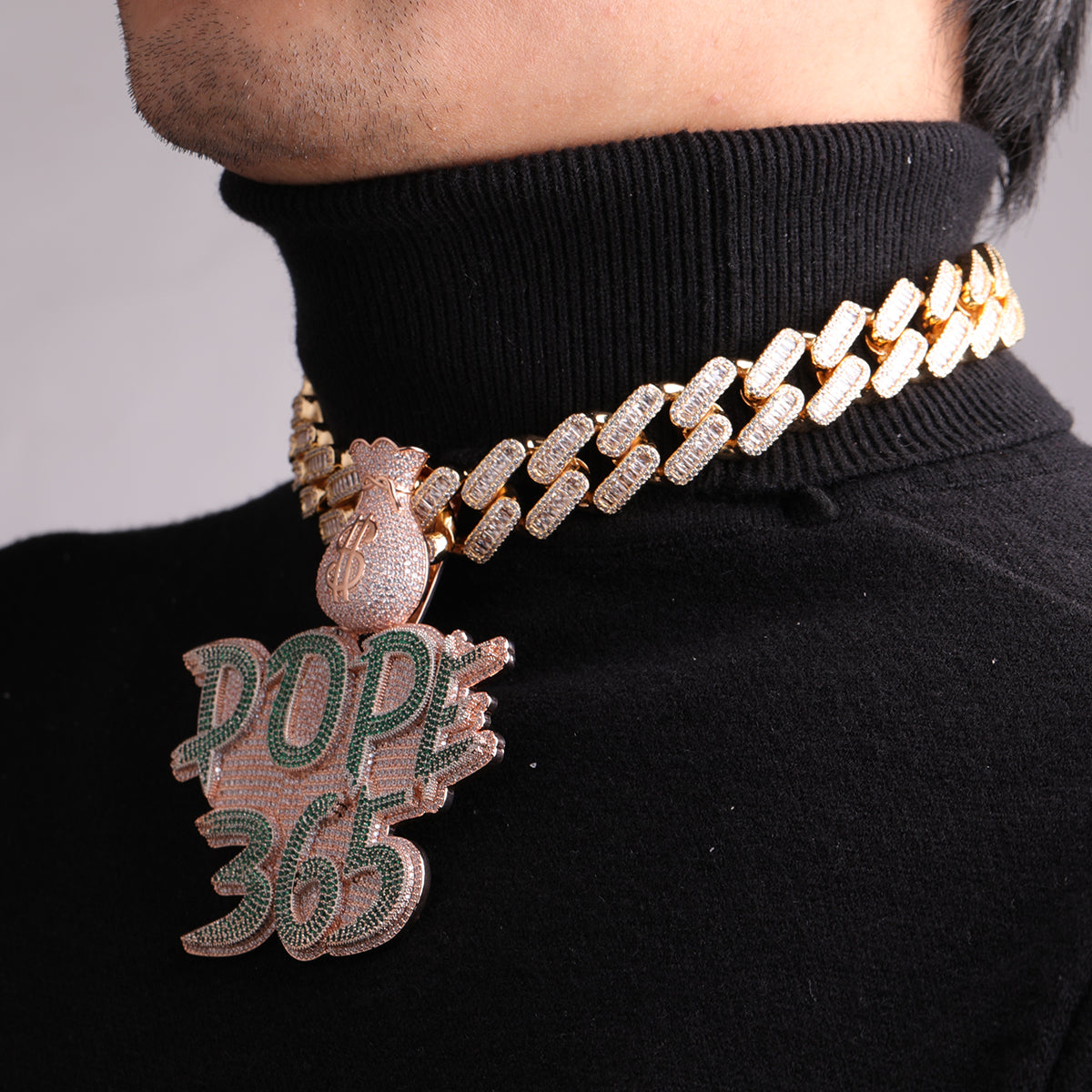 Money Bag Bail Two Tone Solid Base Iced Out Custom Name Letter Necklace