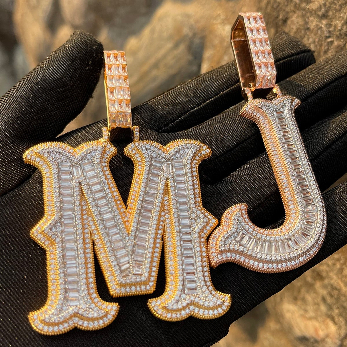 Sharp Cursive Baguette Detailed Prong Setting Initial Name Letter Pendant