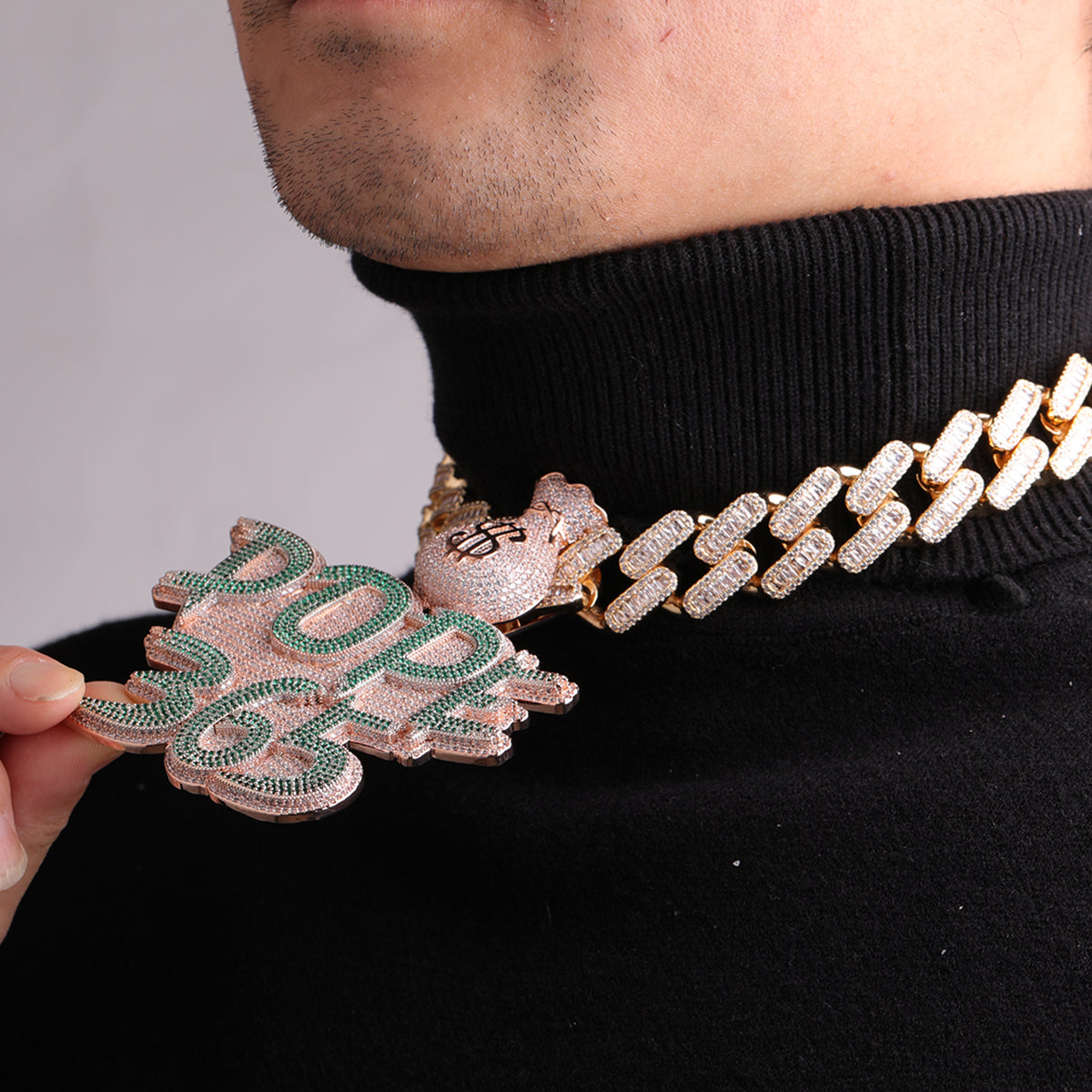 Money Bag Bail Two Tone Solid Base Iced Out Custom Name Letter Necklace