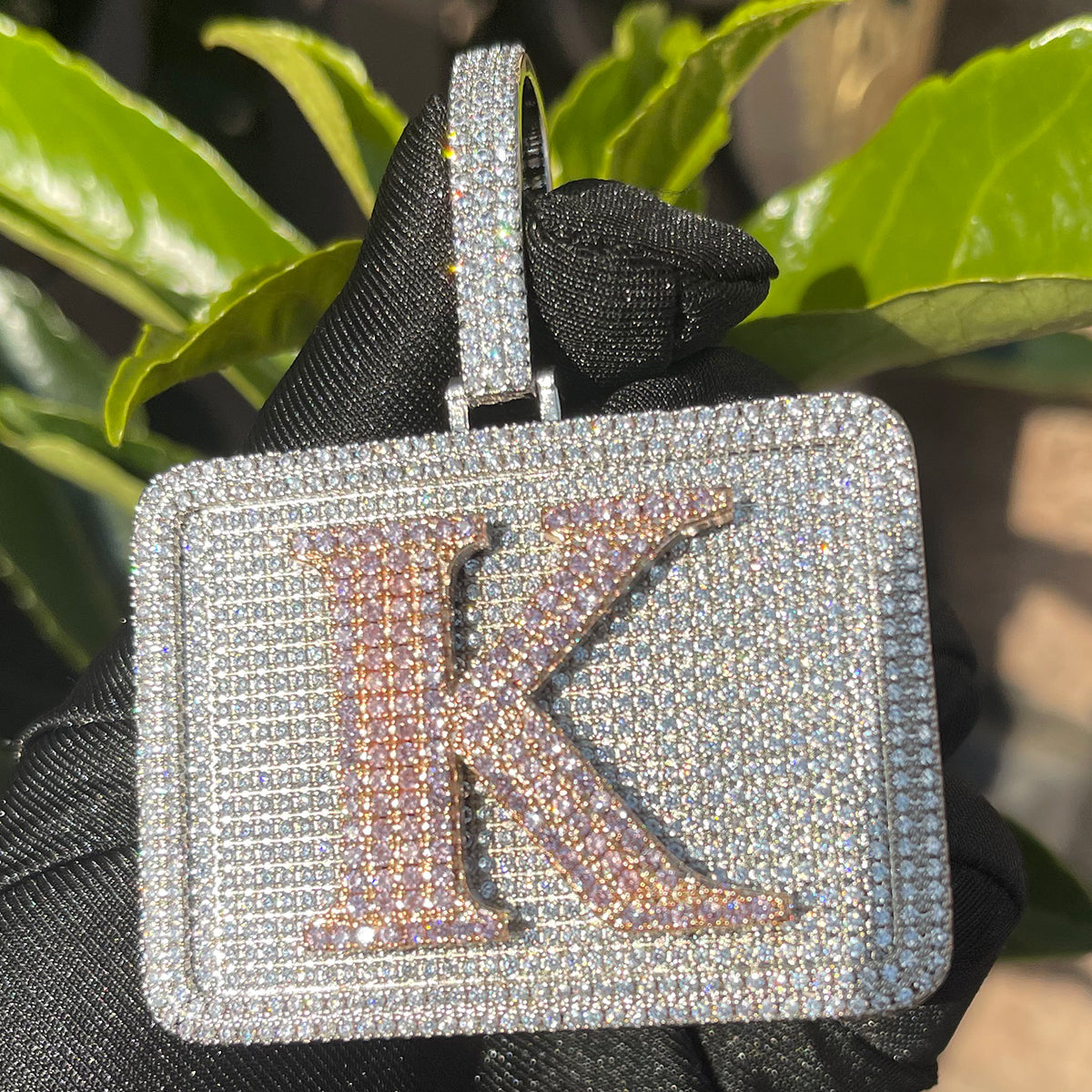 Your Initial or Name on Rectangle Diamond Iced Out Personalized Custom Necklace Pendant