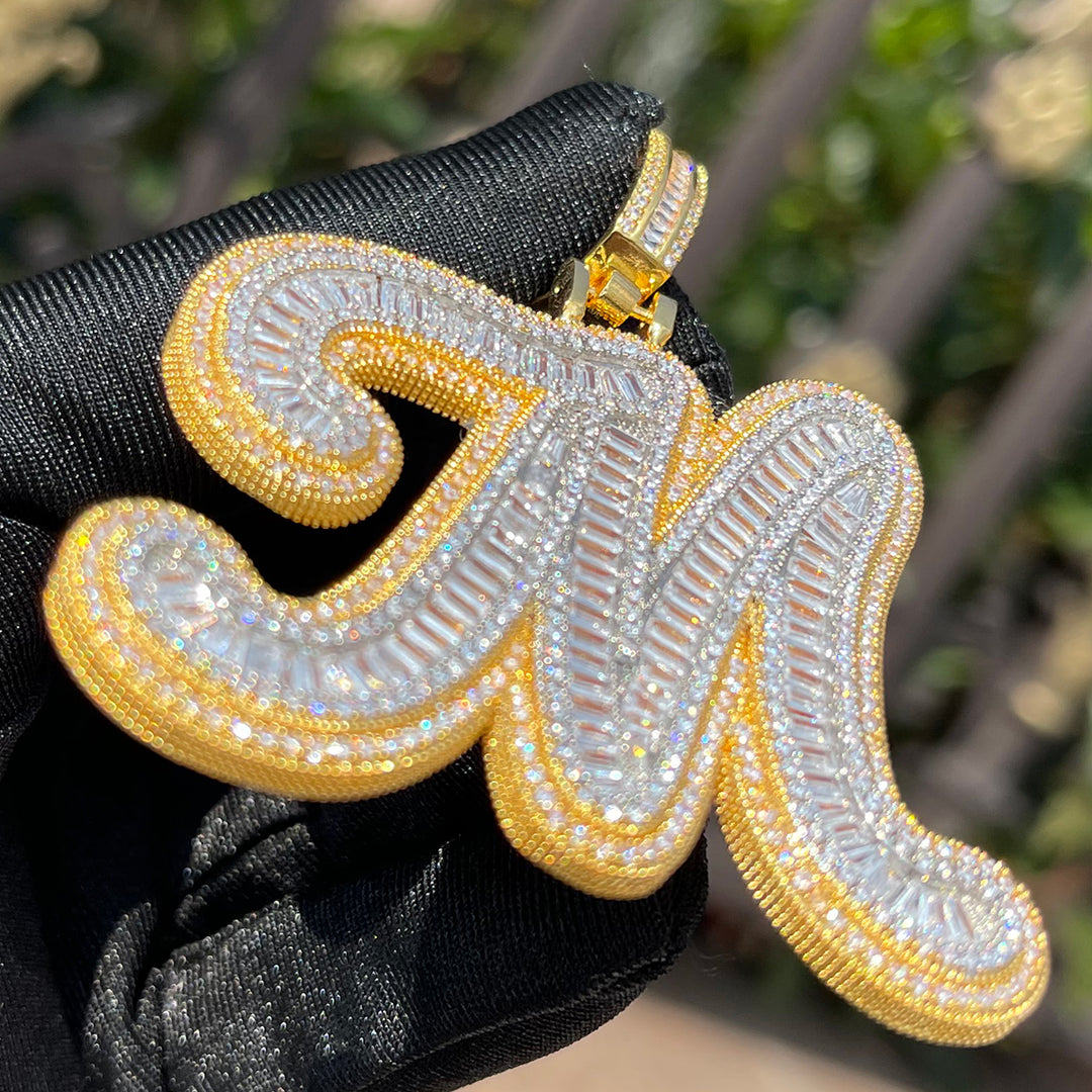 Two Layers Baguette Iced Out Initial Custom Name Necklace Pendant