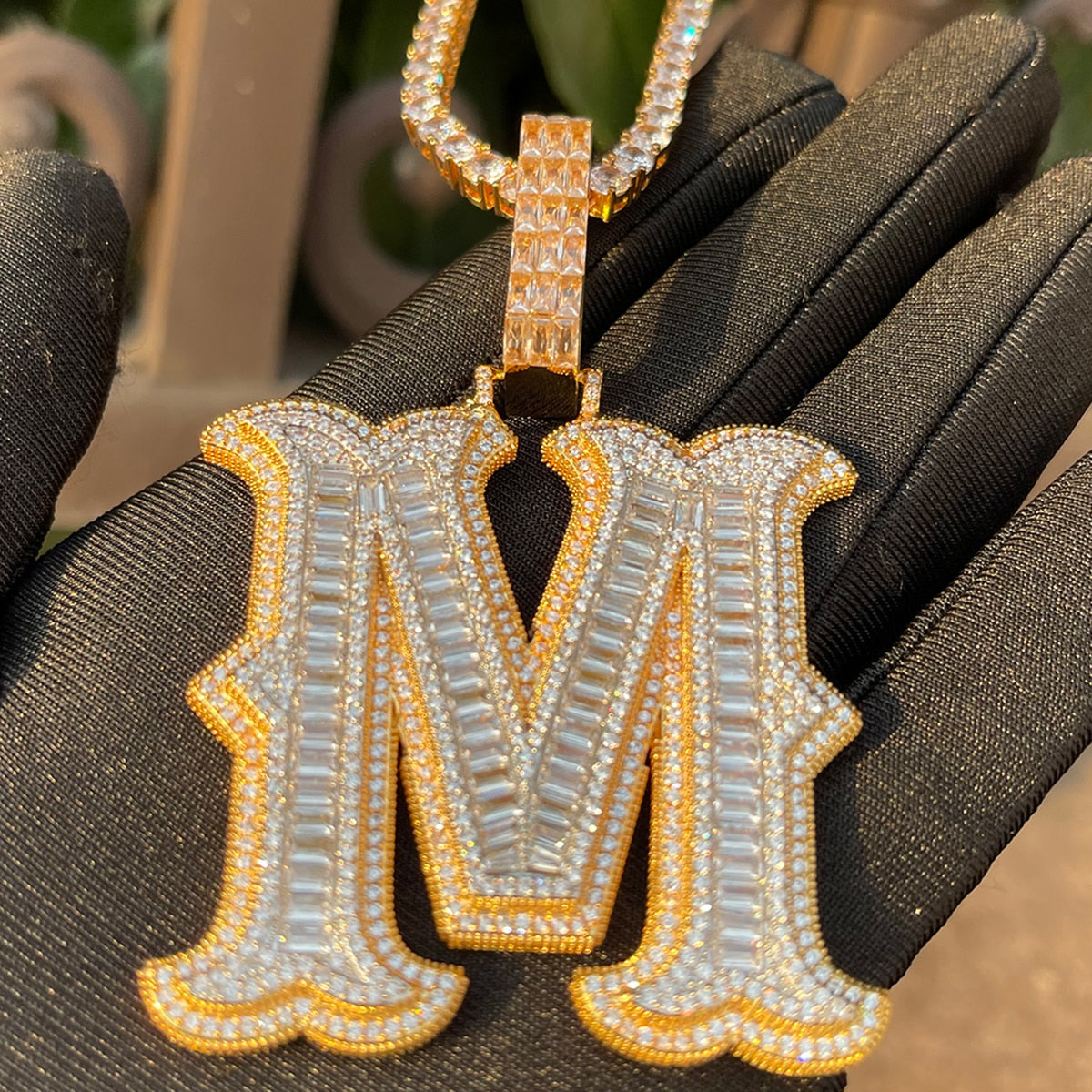 Sharp Cursive Baguette Detailed Prong Setting Initial Name Letter Pendant