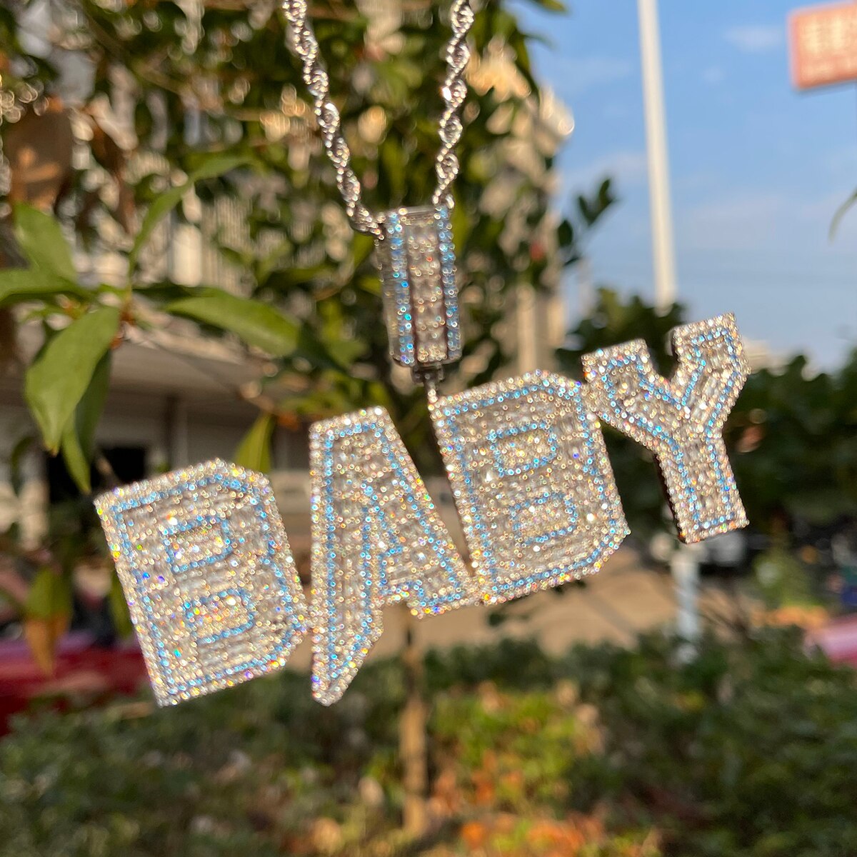 Special Blue Stones Detailed Popular Font Custom Name Necklace