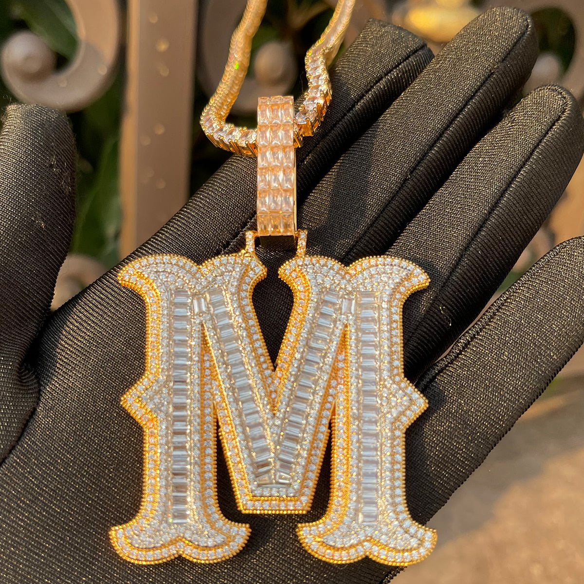 Sharp Cursive Baguette Detailed Prong Setting Initial Name Letter Pendant
