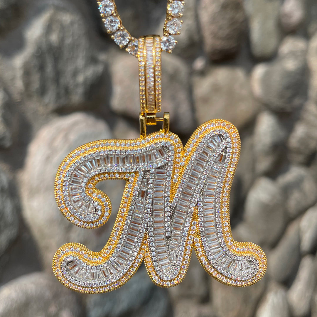 Two Layers Baguette Iced Out Initial Custom Name Necklace Pendant