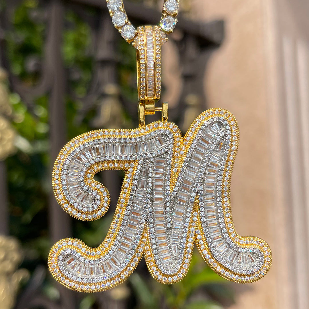 Two Layers Baguette Iced Out Initial Custom Name Necklace Pendant