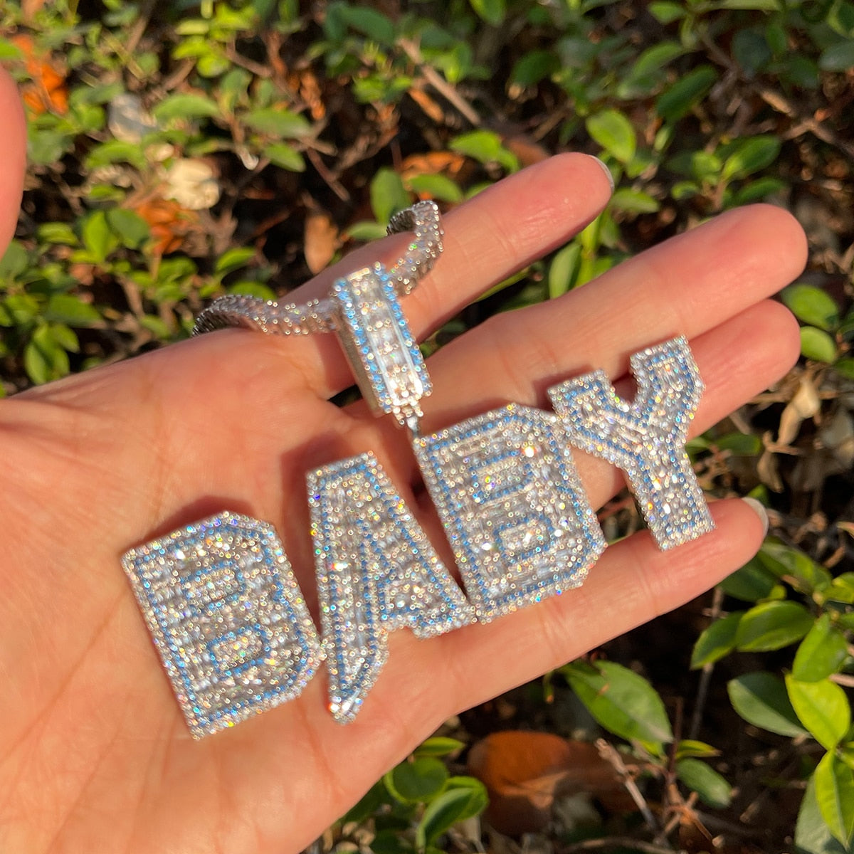Special Blue Stones Detailed Popular Font Custom Name Necklace