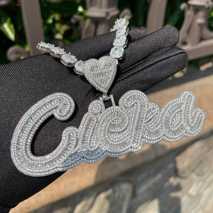 Special Heart Baguette Iced Out Personalized Custom Name Necklace Pendant