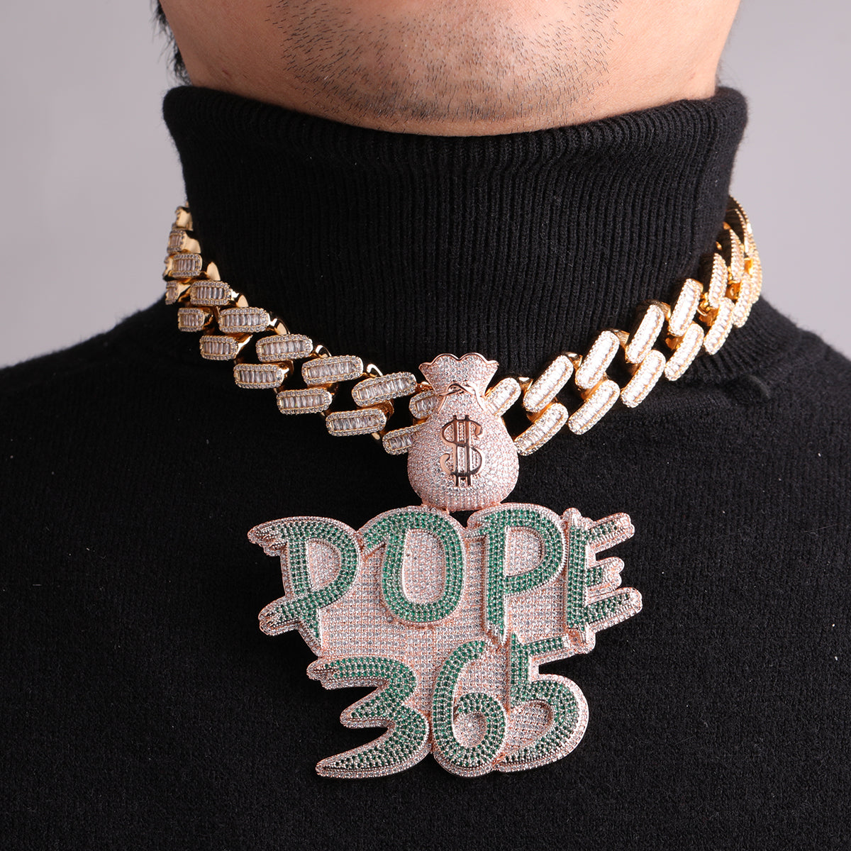 Money Bag Bail Two Tone Solid Base Iced Out Custom Name Letter Necklace