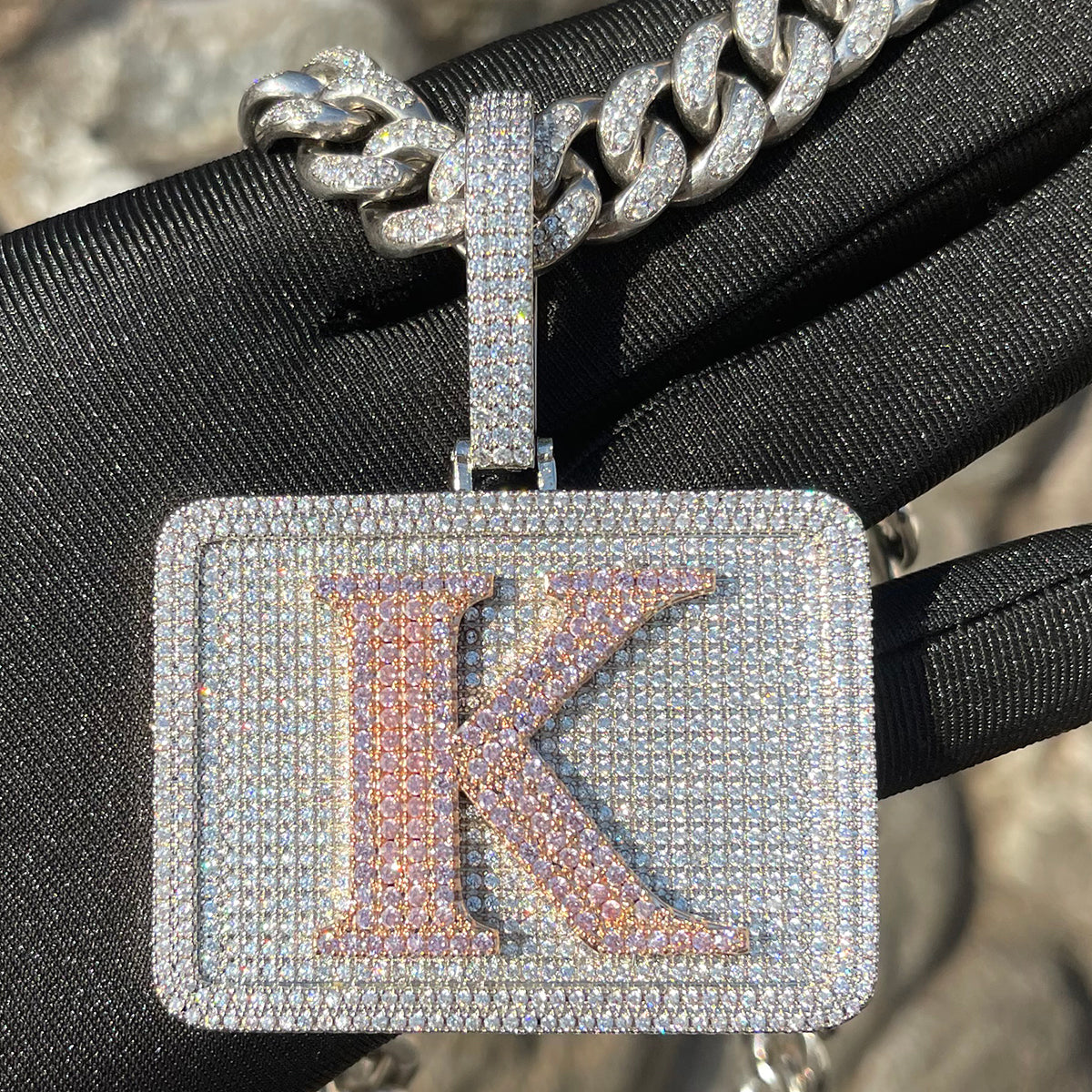 Your Initial or Name on Rectangle Diamond Iced Out Personalized Custom Necklace Pendant