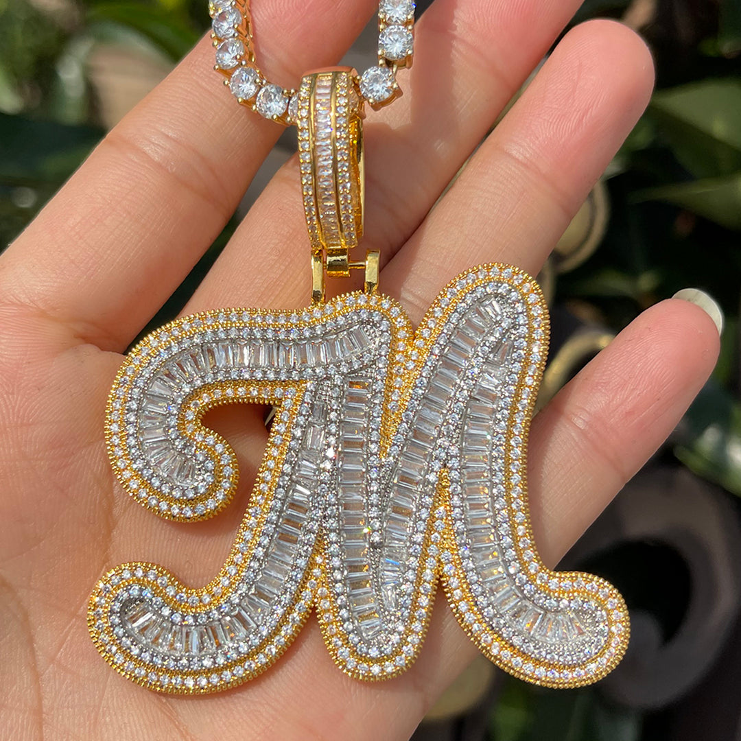 Two Layers Baguette Iced Out Initial Custom Name Necklace Pendant