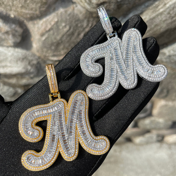 Two Layers Baguette Iced Out Initial Custom Name Necklace Pendant