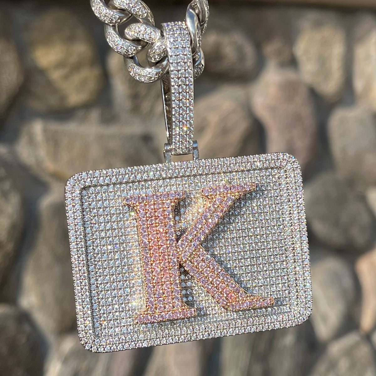 Your Initial or Name on Rectangle Diamond Iced Out Personalized Custom Necklace Pendant