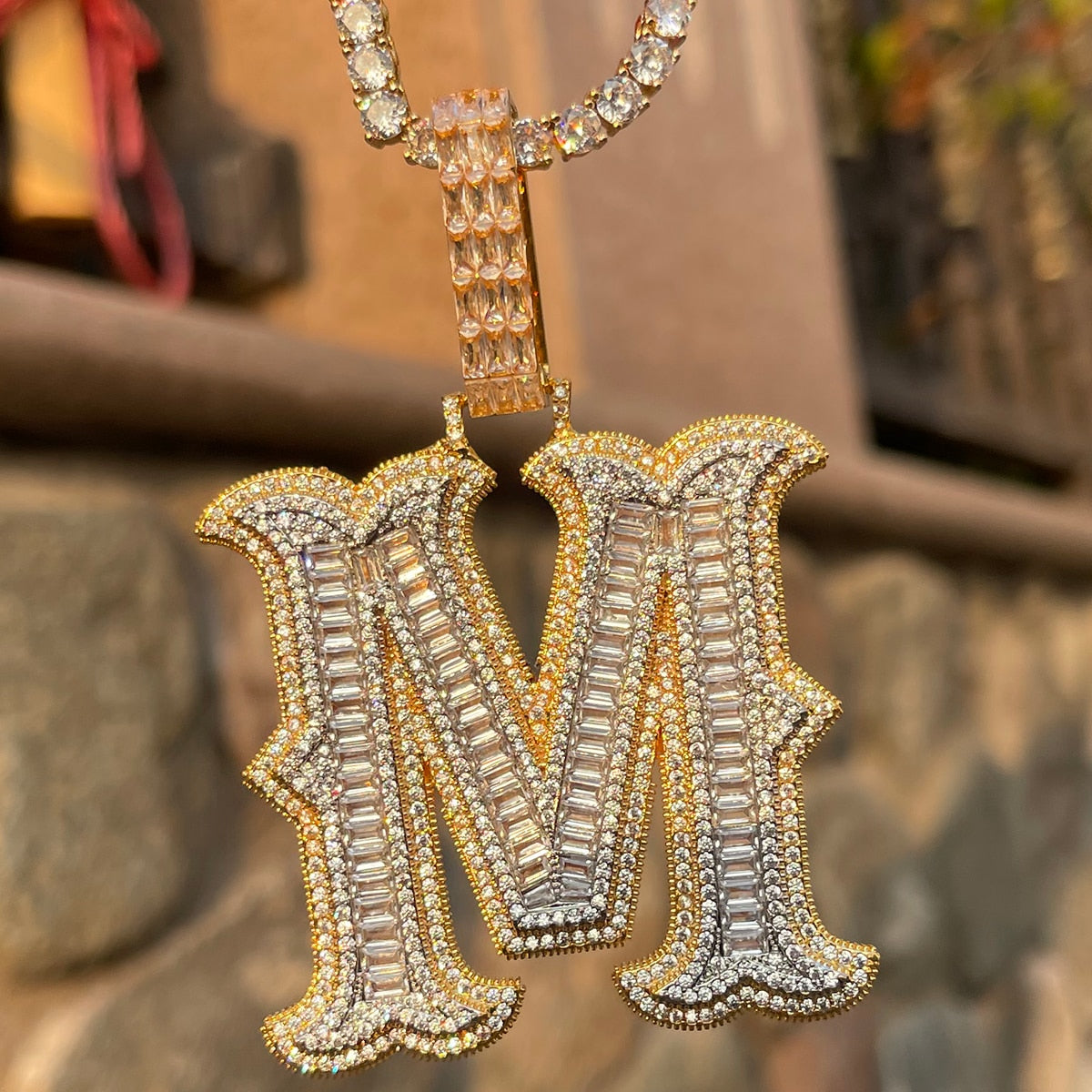 Sharp Cursive Baguette Detailed Prong Setting Initial Name Letter Pendant