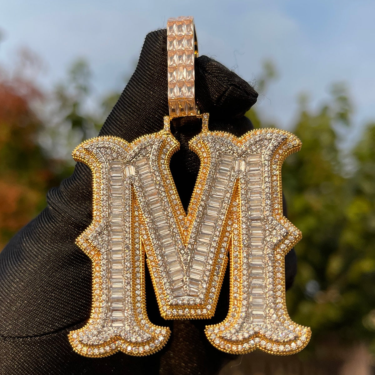 Sharp Cursive Baguette Detailed Prong Setting Initial Name Letter Pendant