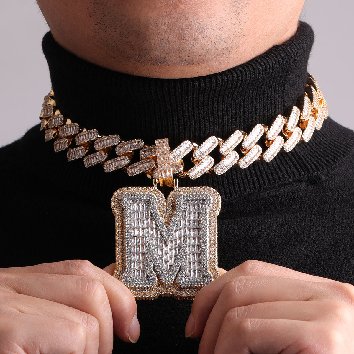 BIG Iced n Diamond Two Layers A~Z Single Baguette Initial Necklace Chain