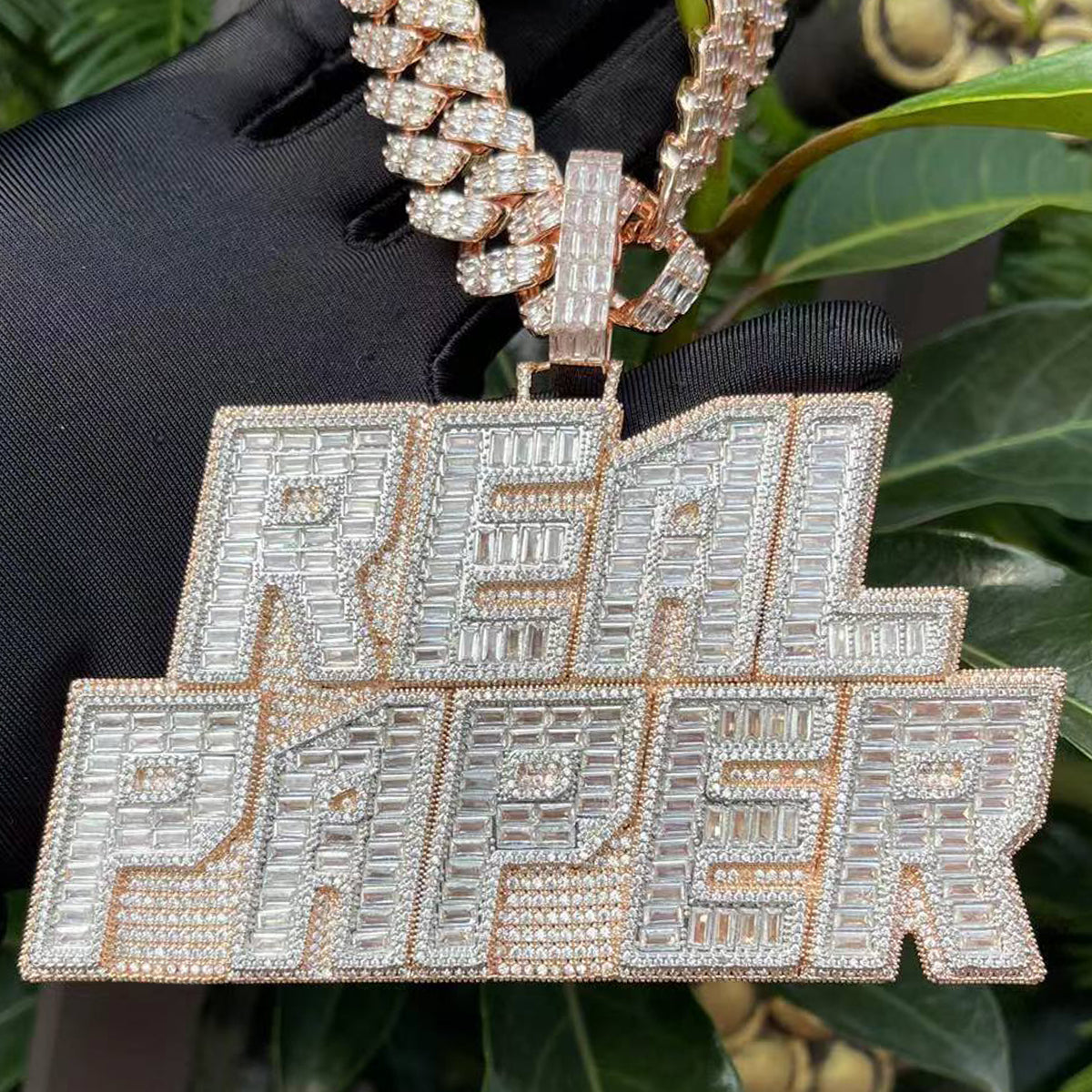 Rich Baguette n Diamond with Ultra Luxury Bail Two Tone Layers Customized Name Pendant
