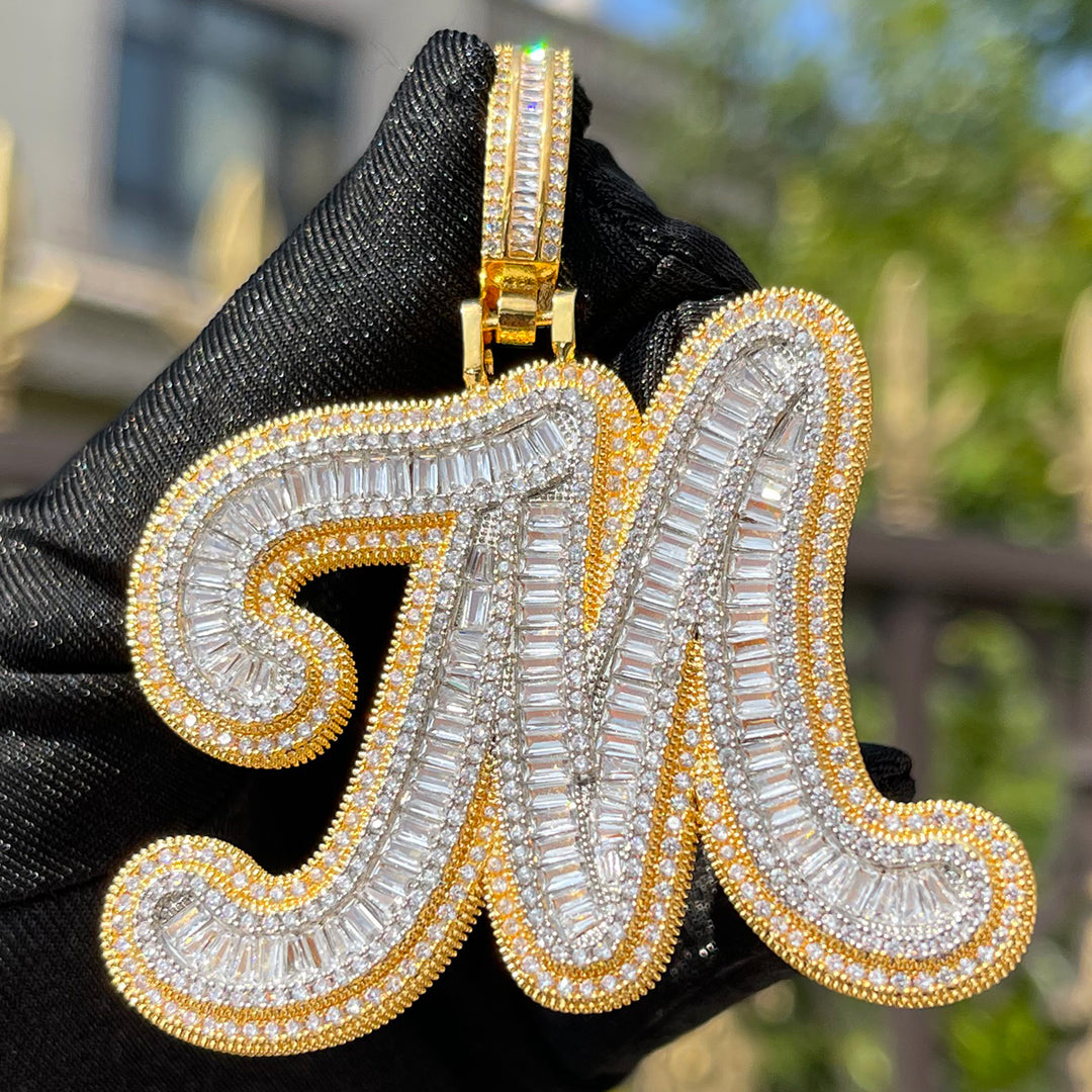 Two Layers Baguette Iced Out Initial Custom Name Necklace Pendant