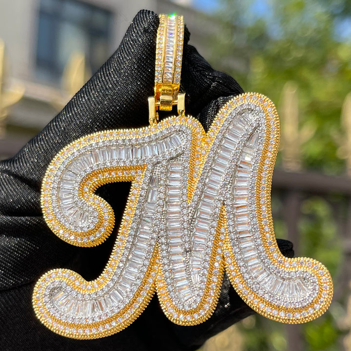 Two Layers Baguette Iced Out Initial Custom Name Necklace Pendant