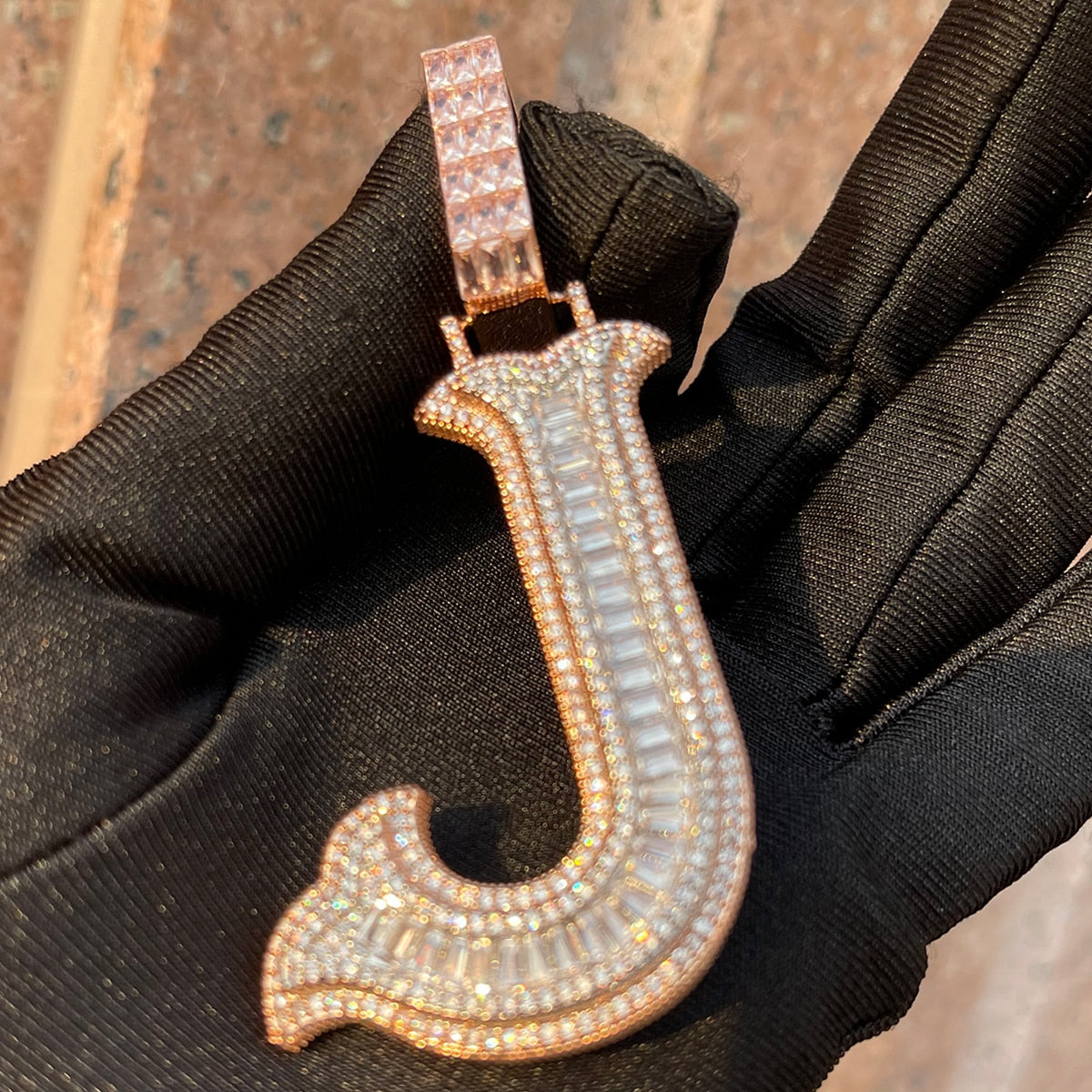 Sharp Cursive Baguette Detailed Prong Setting Initial Name Letter Pendant