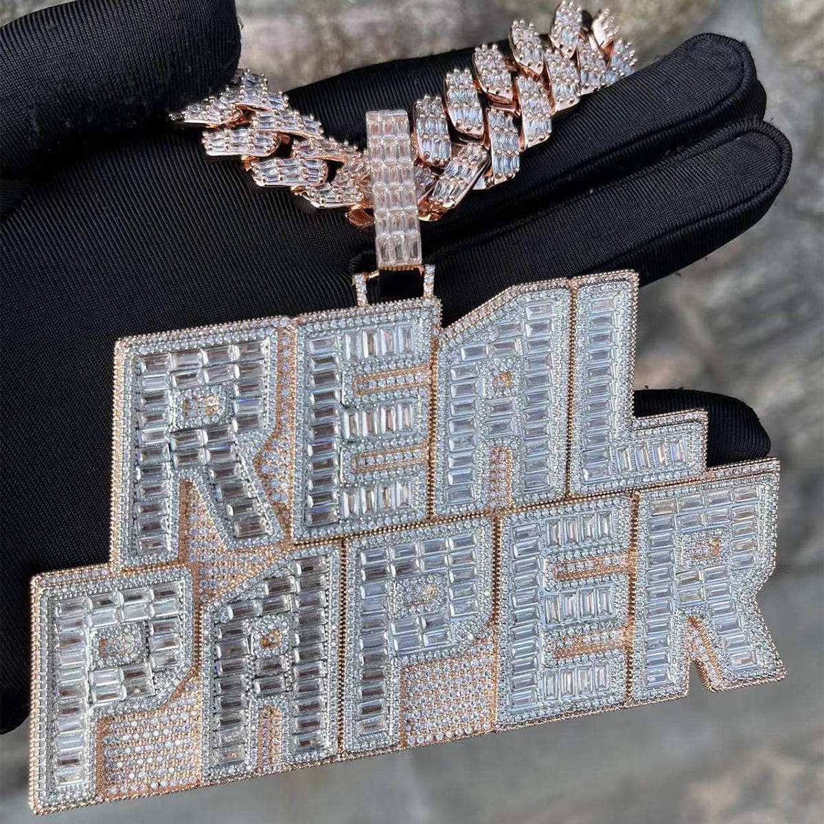 Rich Baguette n Diamond with Ultra Luxury Bail Two Tone Layers Customized Name Pendant