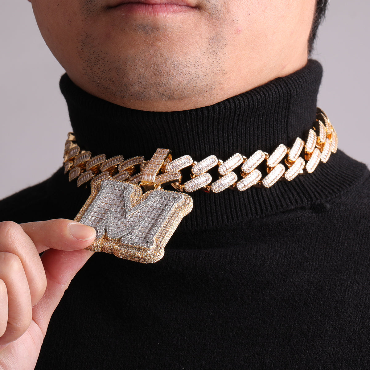 BIG Iced n Diamond Two Layers A~Z Single Baguette Initial Necklace Chain